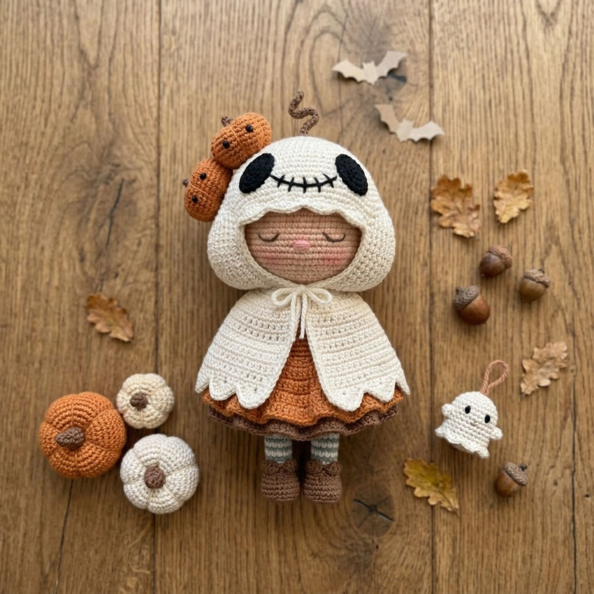 Crochet Ghost Girl Doll, Handmade Amigurumi Halloween Plush With Pumpkin Hood, Spooky Cute Nursery Toy, Kawaii 4-12 Inch Fall Gift Decor Toy