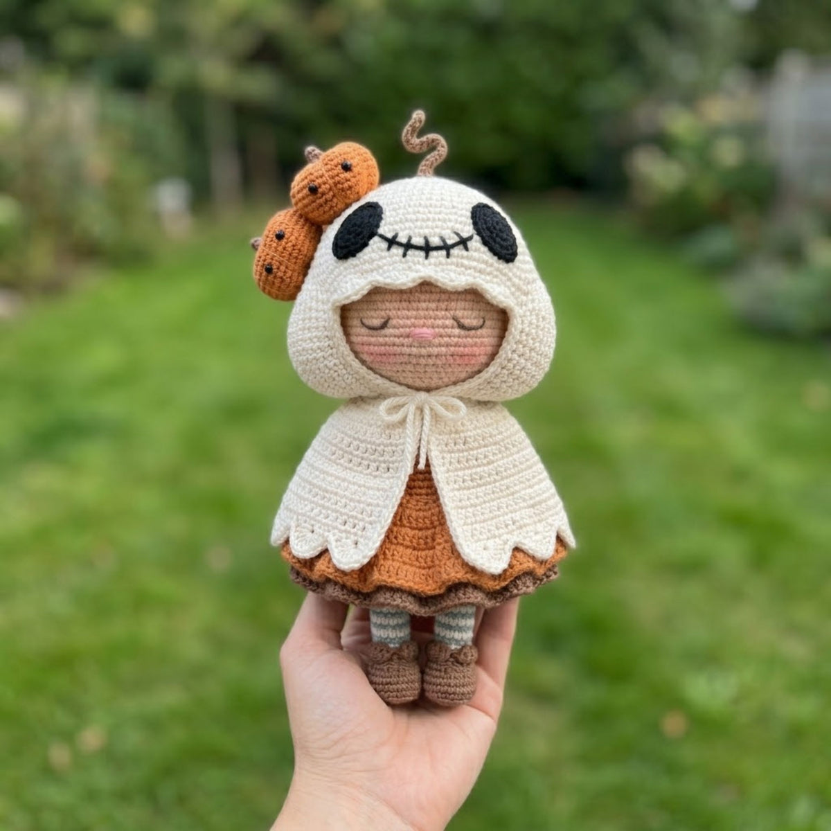 Crochet Ghost Girl Doll, Handmade Amigurumi Halloween Plush With Pumpkin Hood, Spooky Cute Nursery Toy, Kawaii 4-12 Inch Fall Gift Decor Toy