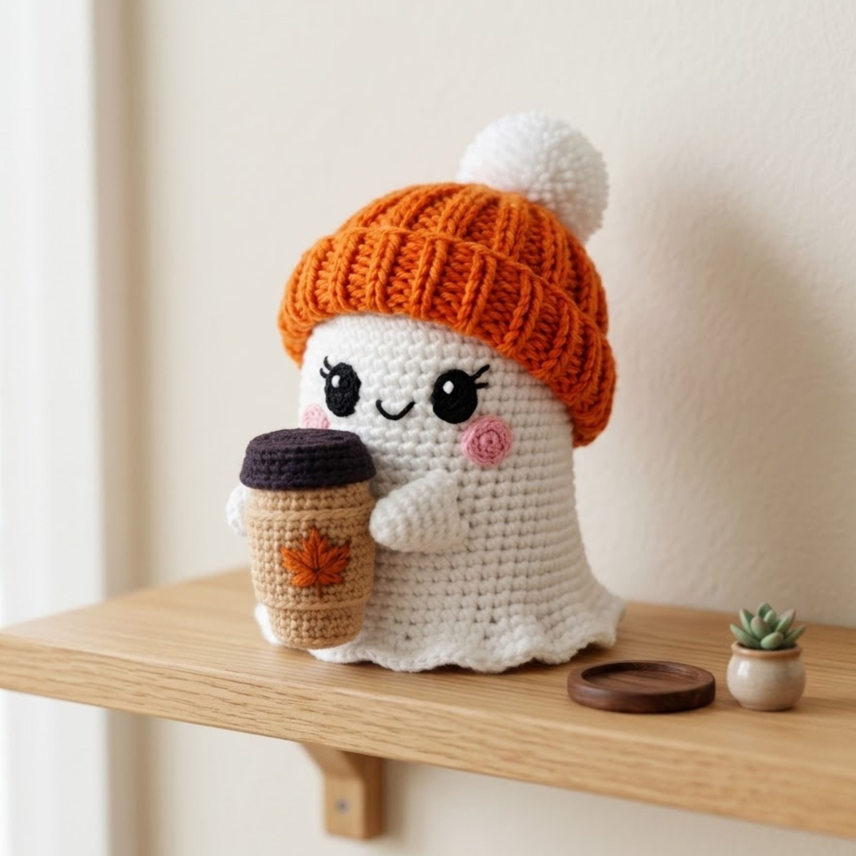 Crochet Ghost Plush, Handmade Amigurumi Fall Ghost With Orange Beanie & Coffee Cup, Spooky Cute Nursery Toy, 4-12 Inch Autumn Gift Decor Toy