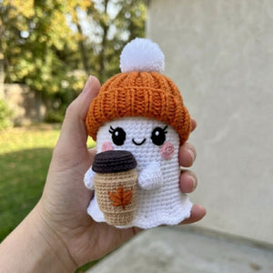 Crochet Ghost Plush, Handmade Amigurumi Fall Ghost With Orange Beanie & Coffee Cup, Spooky Cute Nursery Toy, 4-12 Inch Autumn Gift Decor Toy