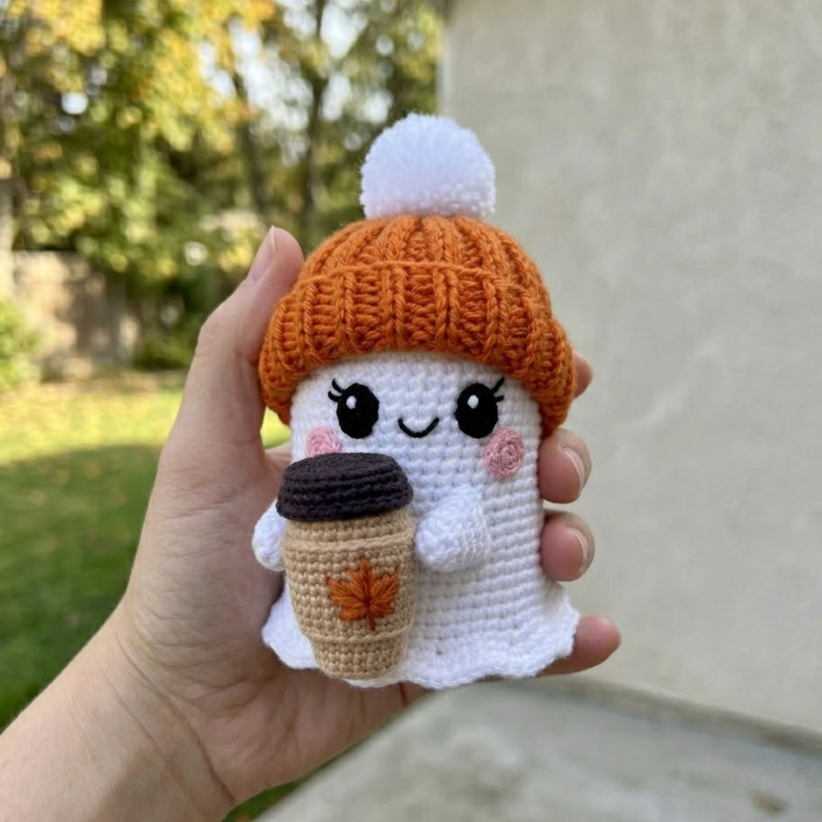 Crochet Ghost Plush, Handmade Amigurumi Fall Ghost With Orange Beanie & Coffee Cup, Spooky Cute Nursery Toy, 4-12 Inch Autumn Gift Decor Toy
