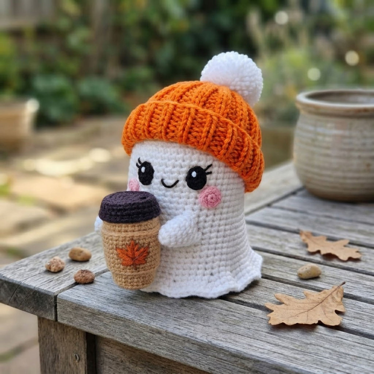 Crochet Ghost Plush, Handmade Amigurumi Fall Ghost With Orange Beanie & Coffee Cup, Spooky Cute Nursery Toy, 4-12 Inch Autumn Gift Decor Toy