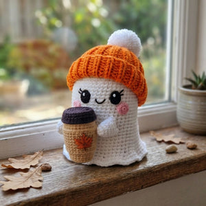 Crochet Ghost Plush, Handmade Amigurumi Fall Ghost With Orange Beanie & Coffee Cup, Spooky Cute Nursery Toy, 4-12 Inch Autumn Gift Decor Toy