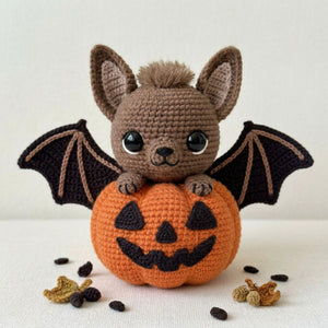 Crochet Bat Pumpkin Plush, Handmade Amigurumi Bat With Jack O Lantern, Spooky Cute Nursery Toy, Halloween Fall Decor Gift 4-12 Inch Doll Toy