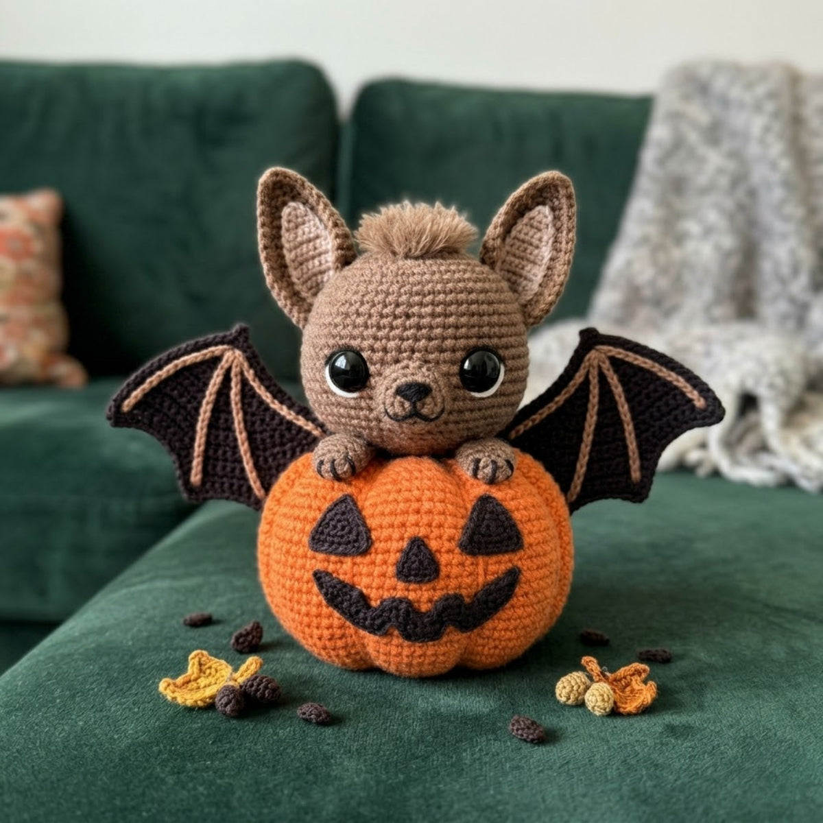 Crochet Bat Pumpkin Plush, Handmade Amigurumi Bat With Jack O Lantern, Spooky Cute Nursery Toy, Halloween Fall Decor Gift 4-12 Inch Doll Toy