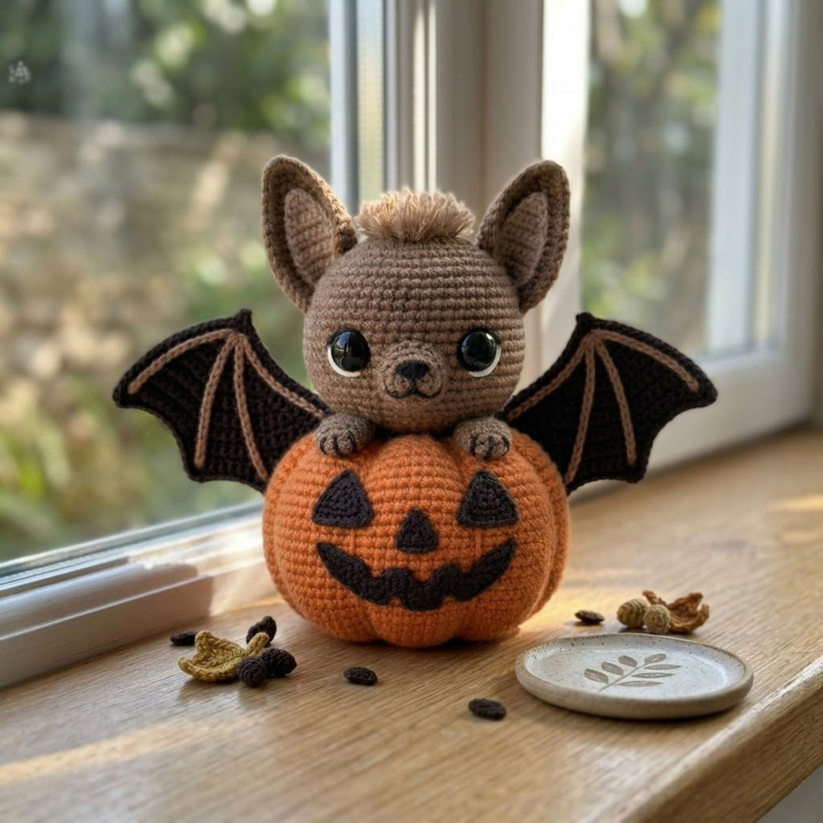 Crochet Bat Pumpkin Plush, Handmade Amigurumi Bat With Jack O Lantern, Spooky Cute Nursery Toy, Halloween Fall Decor Gift 4-12 Inch Doll Toy