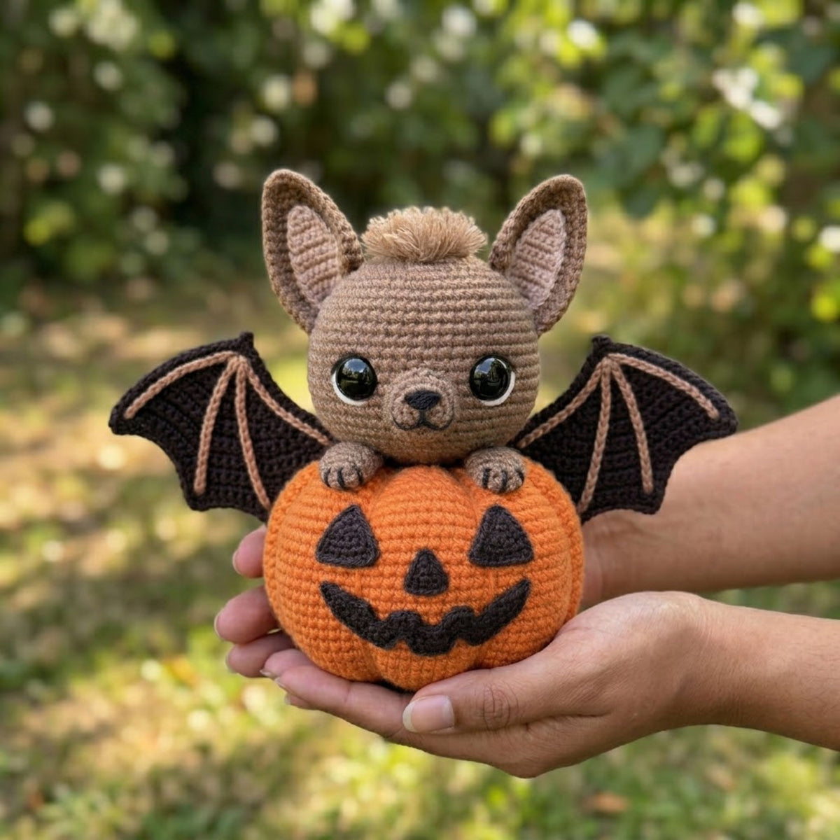 Crochet Bat Pumpkin Plush, Handmade Amigurumi Bat With Jack O Lantern, Spooky Cute Nursery Toy, Halloween Fall Decor Gift 4-12 Inch Doll Toy