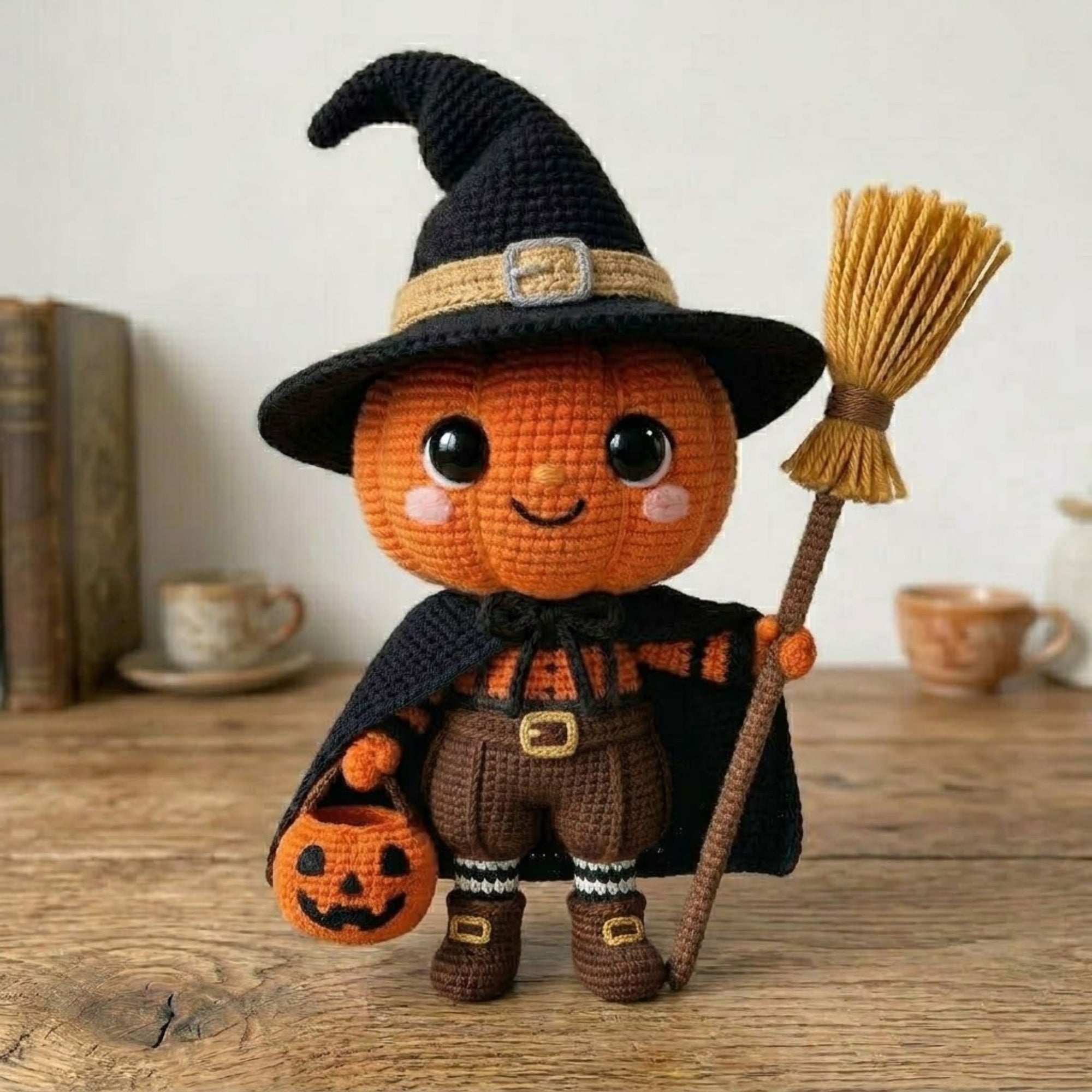 Crochet Pumpkin Witch Plush, Handmade Amigurumi Jack O Lantern Doll With Broom, Spooky Cute Nursery Toy, Halloween Decor Gift 4-12 Inch Doll