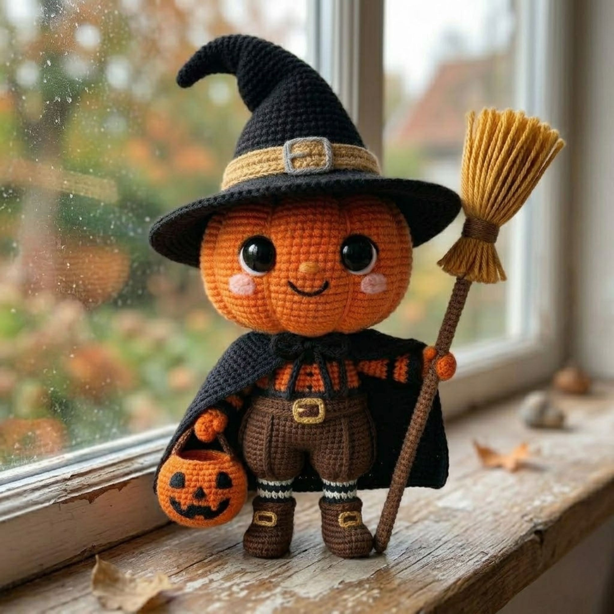 Crochet Pumpkin Witch Plush, Handmade Amigurumi Jack O Lantern Doll With Broom, Spooky Cute Nursery Toy, Halloween Decor Gift 4-12 Inch Doll
