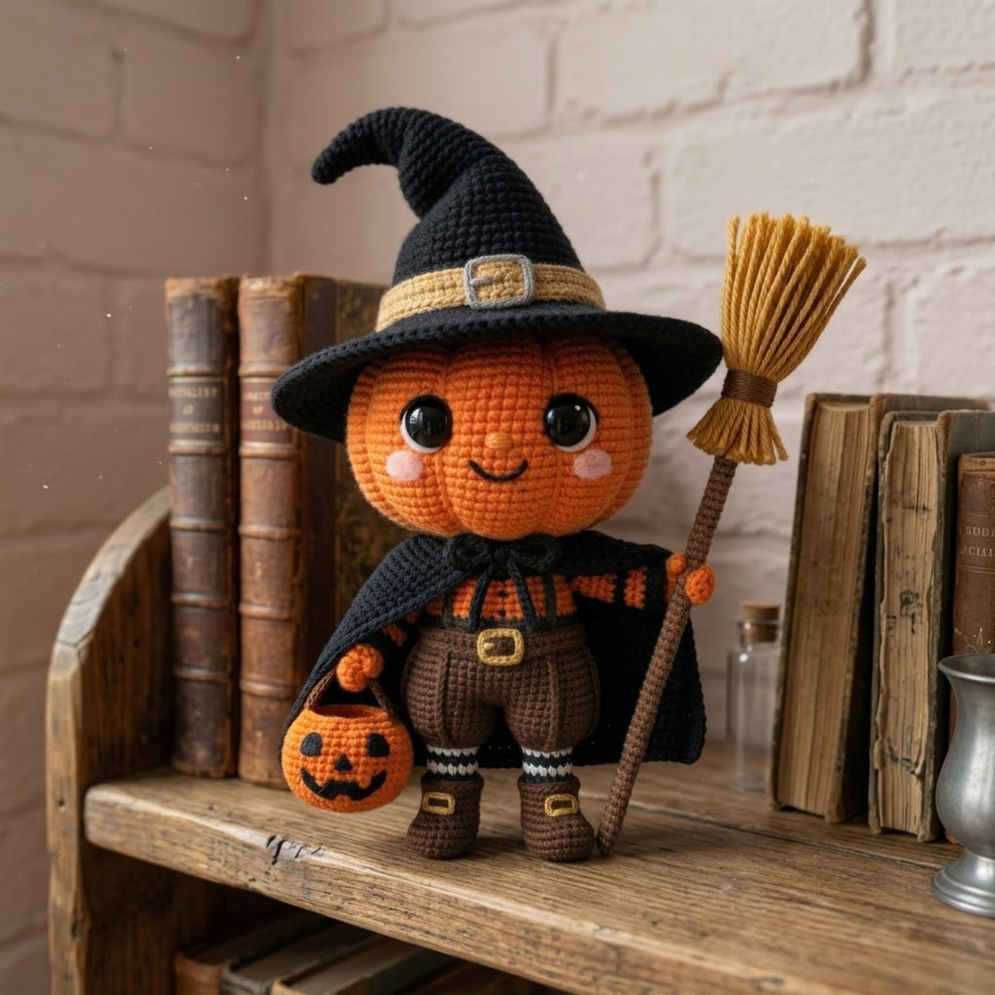 Crochet Pumpkin Witch Plush, Handmade Amigurumi Jack O Lantern Doll With Broom, Spooky Cute Nursery Toy, Halloween Decor Gift 4-12 Inch Doll