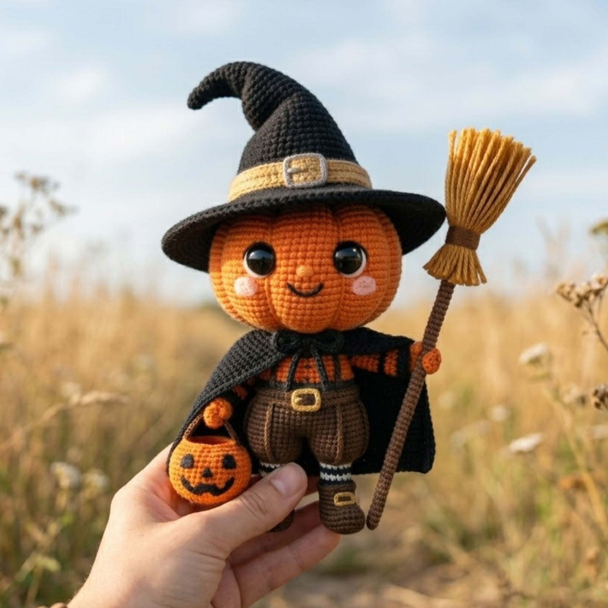 Crochet Pumpkin Witch Plush, Handmade Amigurumi Jack O Lantern Doll With Broom, Spooky Cute Nursery Toy, Halloween Decor Gift 4-12 Inch Doll