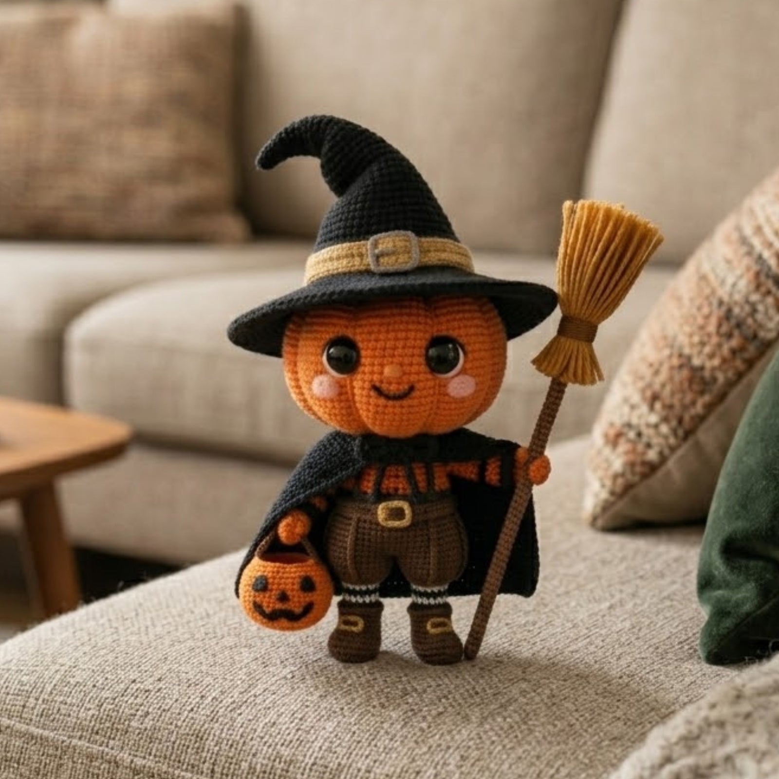Crochet Pumpkin Witch Plush, Handmade Amigurumi Jack O Lantern Doll With Broom, Spooky Cute Nursery Toy, Halloween Decor Gift 4-12 Inch Doll