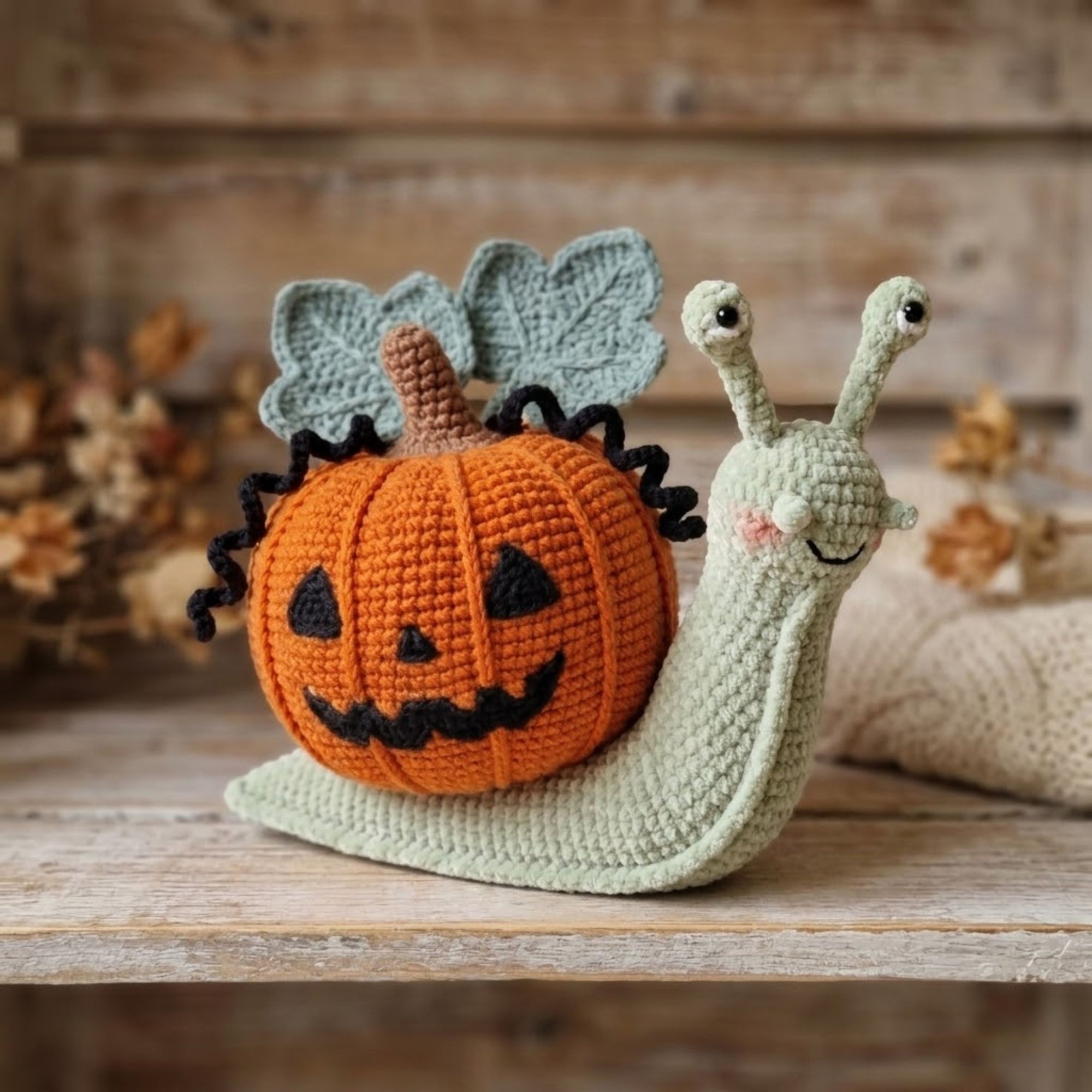 Crochet Halloween Snail Plush, Handmade Amigurumi Snail With Pumpkin Shell, Spooky Cute Nursery Toy, Fall Decor Gift, 4-12 Inch Doll Toy Set