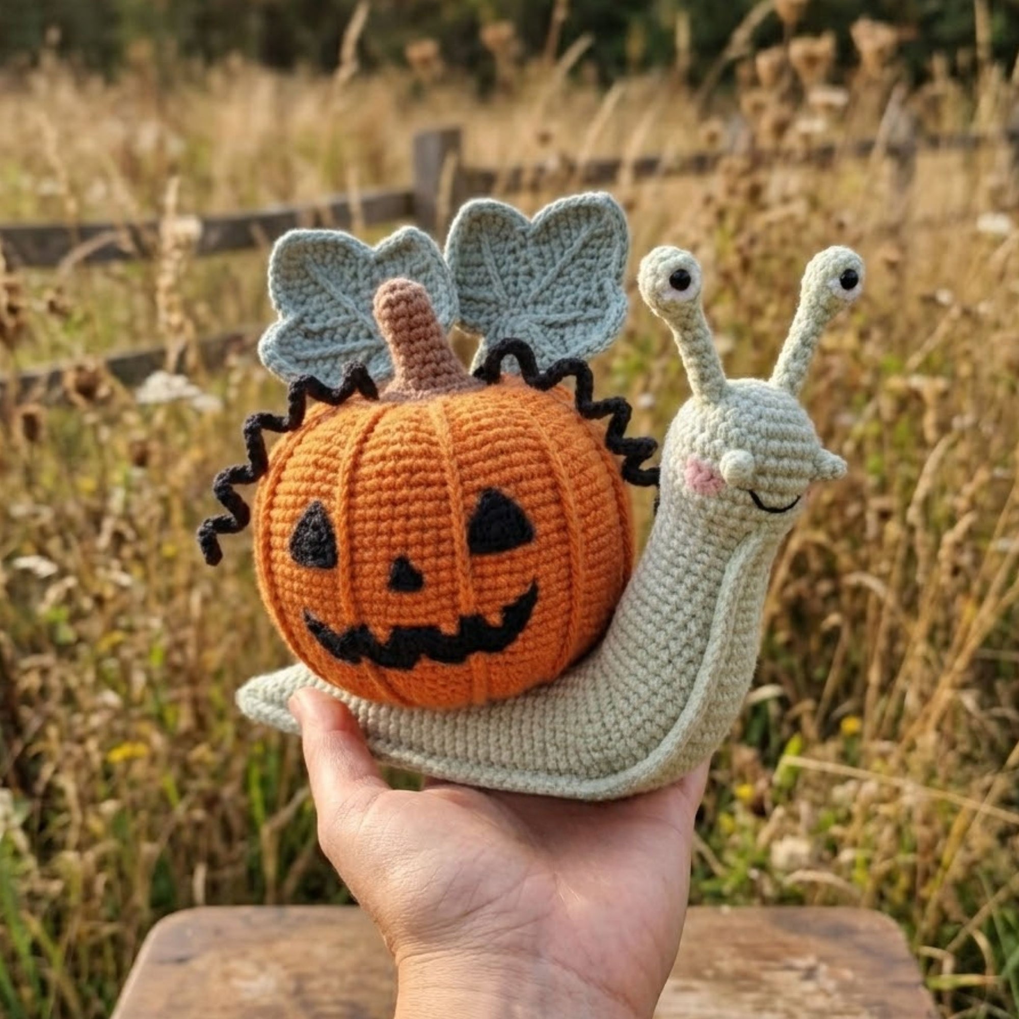 Crochet Halloween Snail Plush, Handmade Amigurumi Snail With Pumpkin Shell, Spooky Cute Nursery Toy, Fall Decor Gift, 4-12 Inch Doll Toy Set