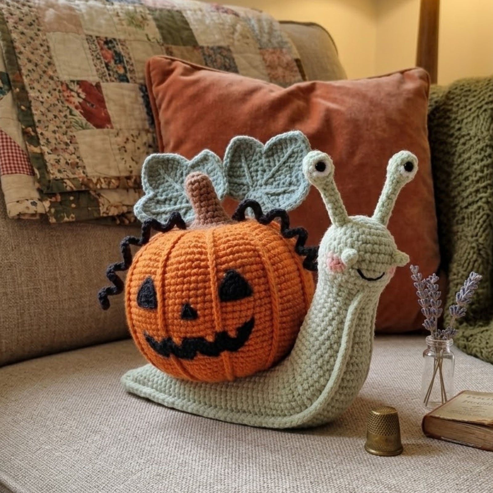 Crochet Halloween Snail Plush, Handmade Amigurumi Snail With Pumpkin Shell, Spooky Cute Nursery Toy, Fall Decor Gift, 4-12 Inch Doll Toy Set