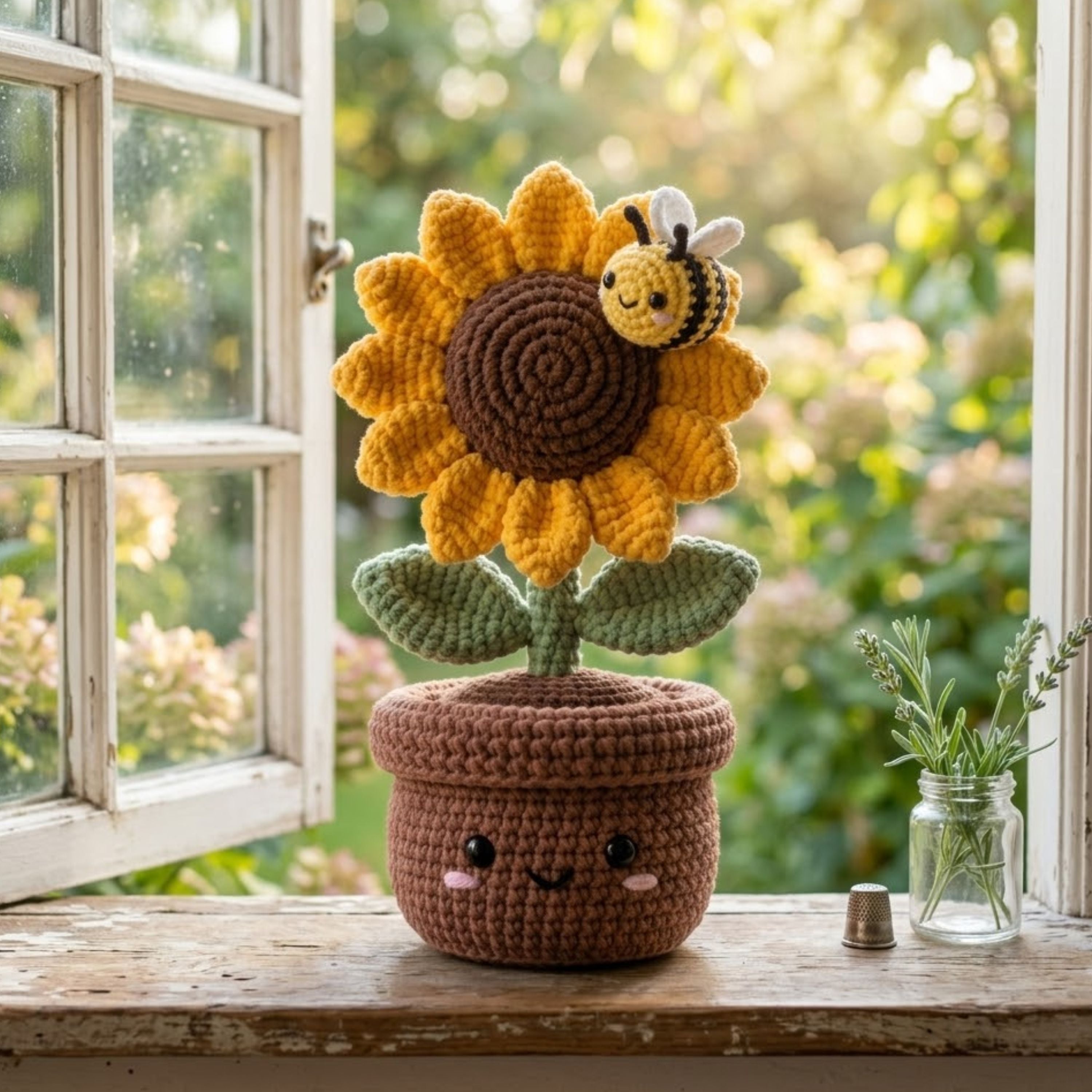 Crochet Sunflower Pot Plush, Handmade Amigurumi Flower With Bee, Cute Cottagecore Nursery Toy, Spring Garden Decor Gift, 4-12 Inch Doll Toy