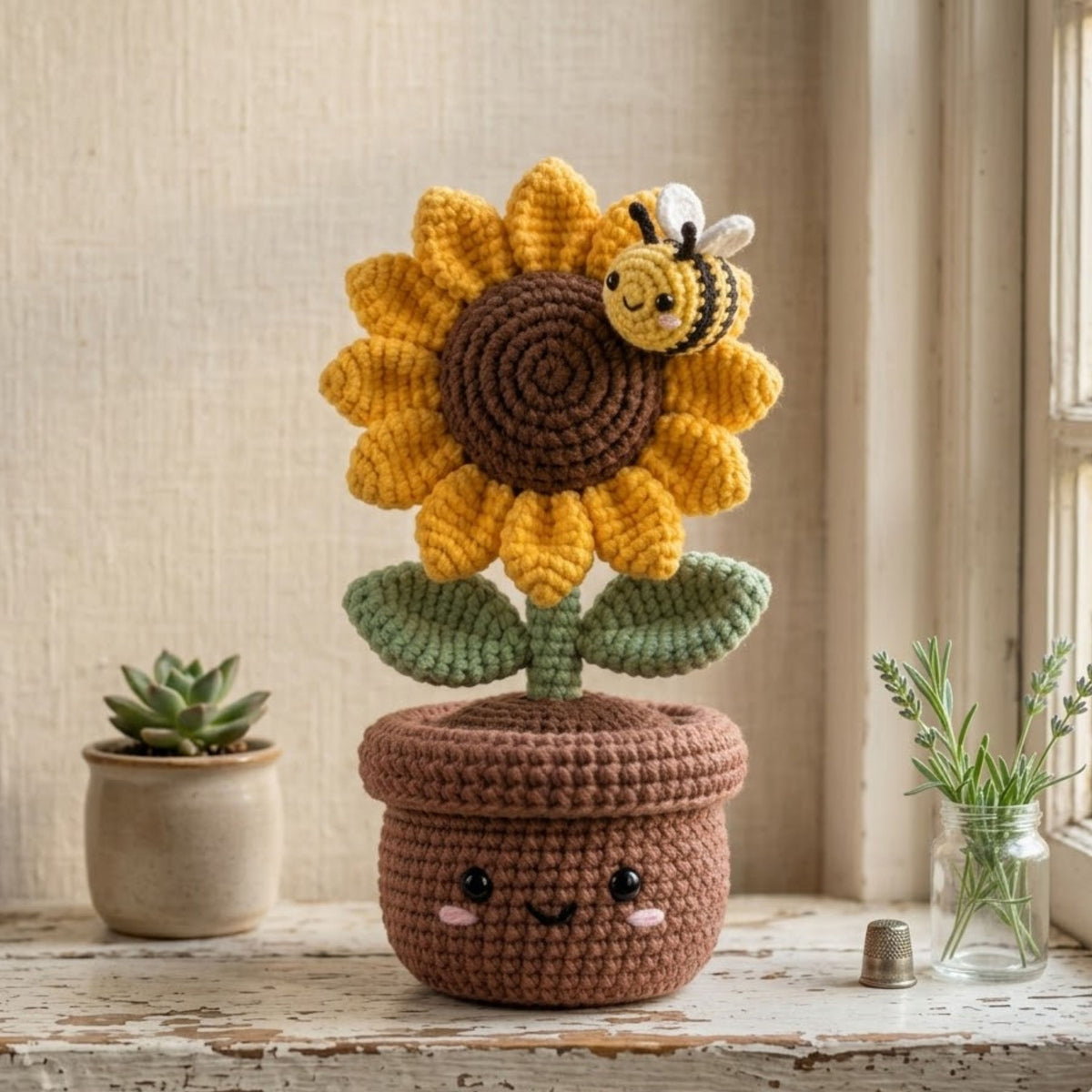 Crochet Sunflower Pot Plush, Handmade Amigurumi Flower With Bee, Cute Cottagecore Nursery Toy, Spring Garden Decor Gift, 4-12 Inch Doll Toy