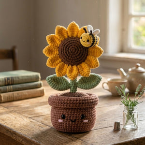 Crochet Sunflower Pot Plush, Handmade Amigurumi Flower With Bee, Cute Cottagecore Nursery Toy, Spring Garden Decor Gift, 4-12 Inch Doll Toy