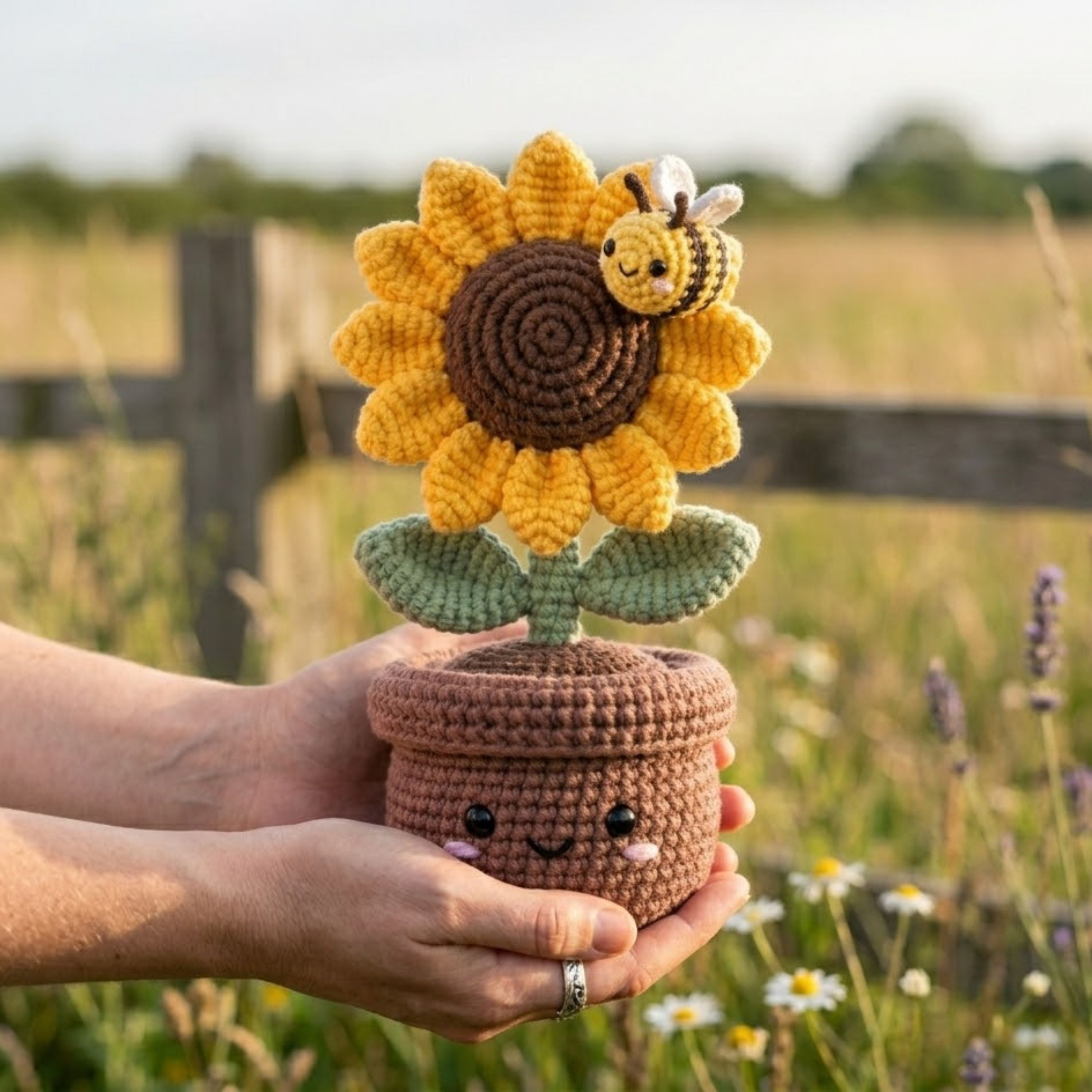 Crochet Sunflower Pot Plush, Handmade Amigurumi Flower With Bee, Cute Cottagecore Nursery Toy, Spring Garden Decor Gift, 4-12 Inch Doll Toy
