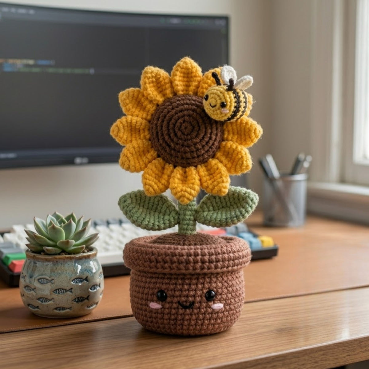 Crochet Sunflower Pot Plush, Handmade Amigurumi Flower With Bee, Cute Cottagecore Nursery Toy, Spring Garden Decor Gift, 4-12 Inch Doll Toy