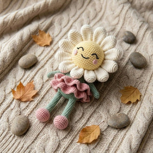 Crochet Daisy Flower Plush, Handmade Amigurumi Flower Doll With Pink Skirt, Cute Cottagecore Nursery Toy, Spring Decor Gift, 4-12 Inch Doll