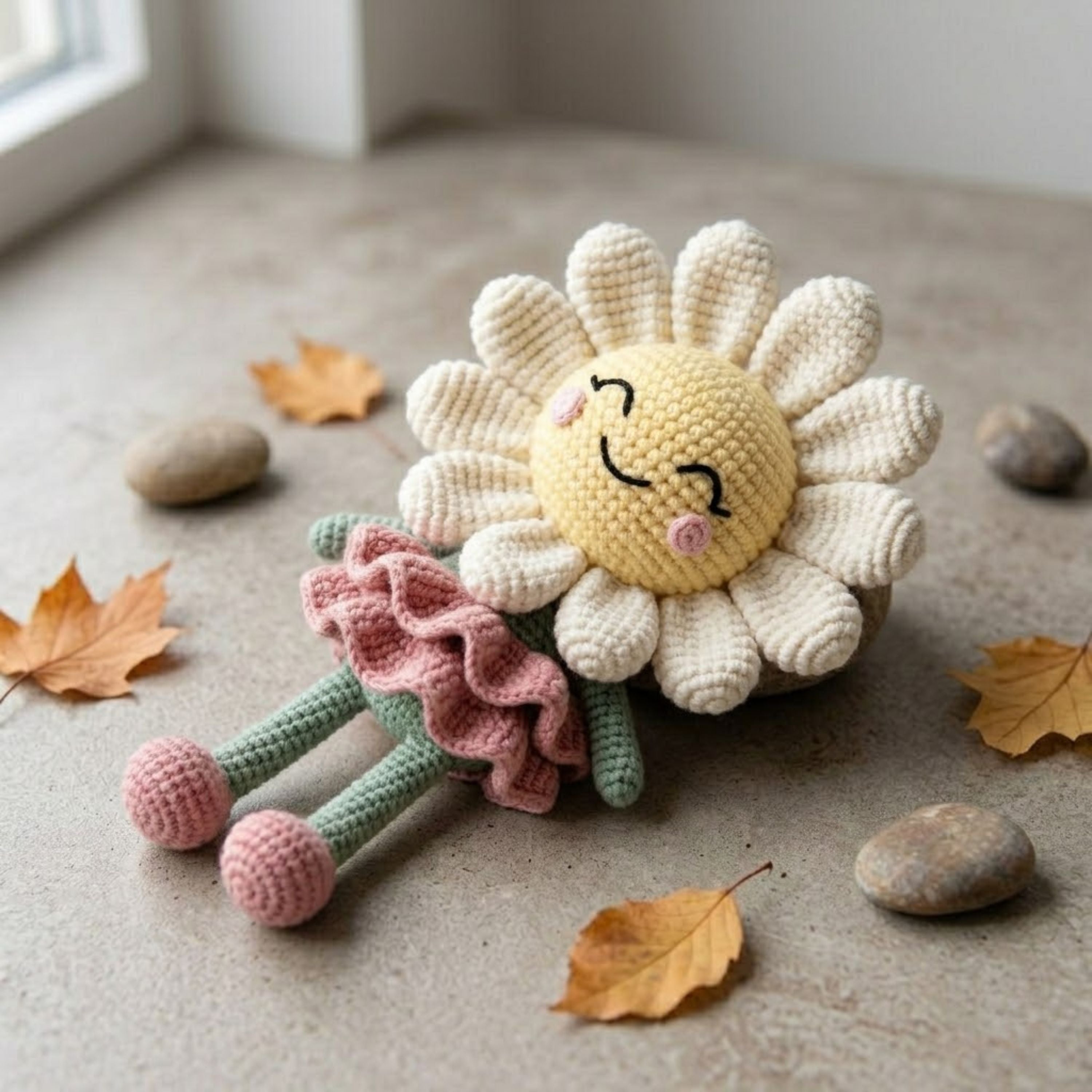 Crochet Daisy Flower Plush, Handmade Amigurumi Flower Doll With Pink Skirt, Cute Cottagecore Nursery Toy, Spring Decor Gift, 4-12 Inch Doll