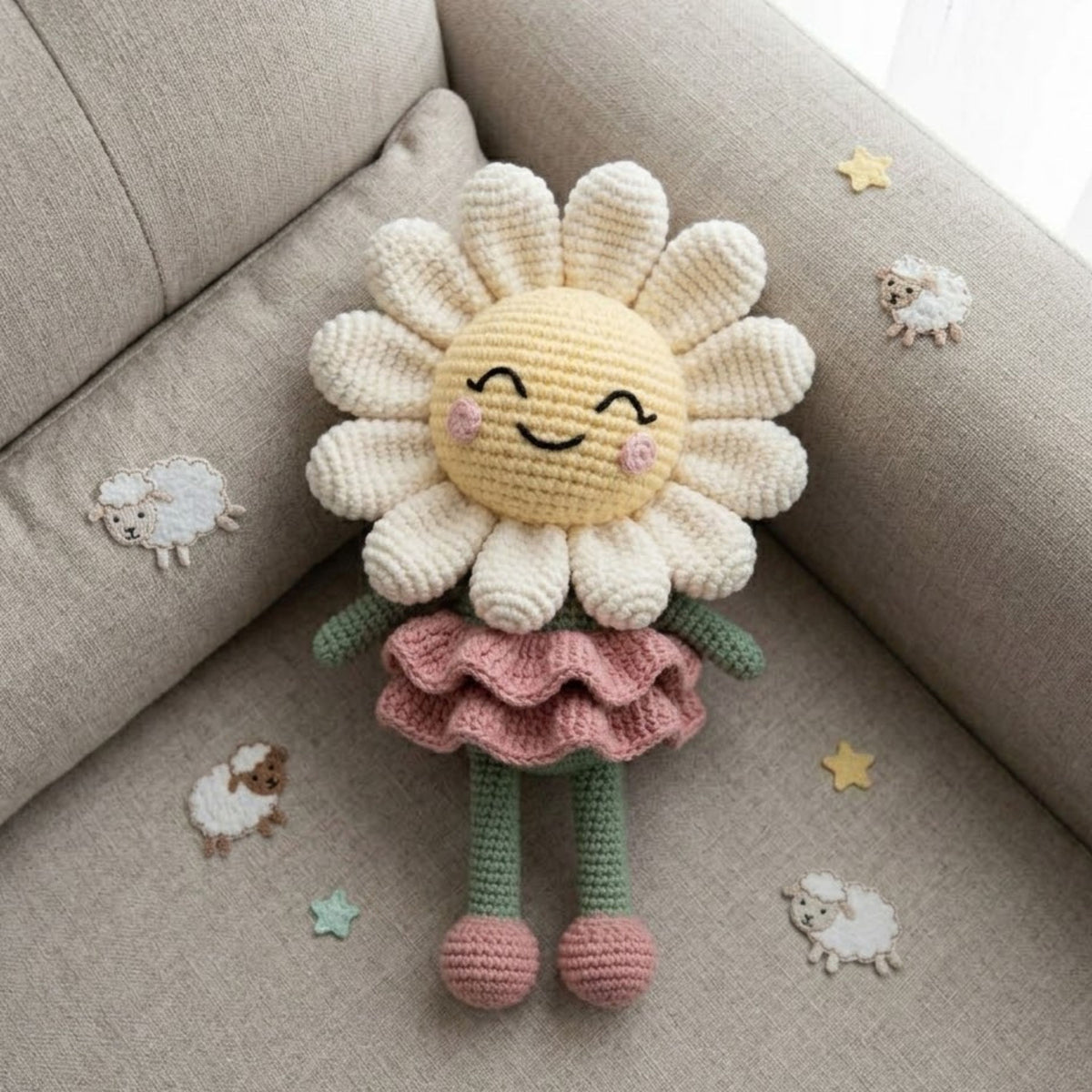 Crochet Daisy Flower Plush, Handmade Amigurumi Flower Doll With Pink Skirt, Cute Cottagecore Nursery Toy, Spring Decor Gift, 4-12 Inch Doll