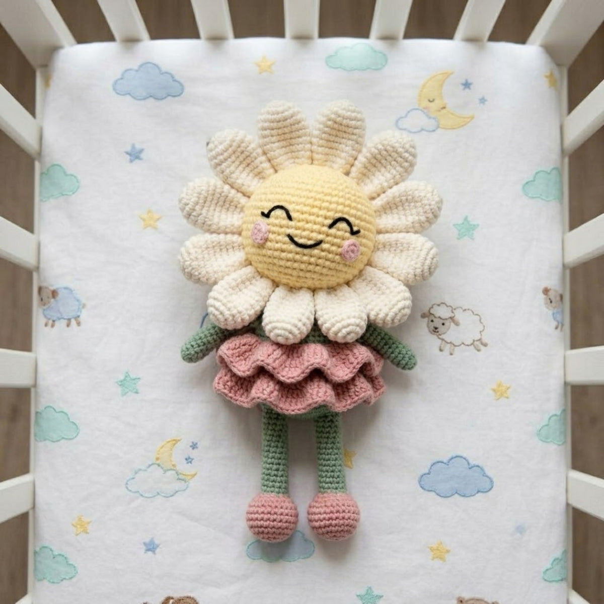 Crochet Daisy Flower Plush, Handmade Amigurumi Flower Doll With Pink Skirt, Cute Cottagecore Nursery Toy, Spring Decor Gift, 4-12 Inch Doll
