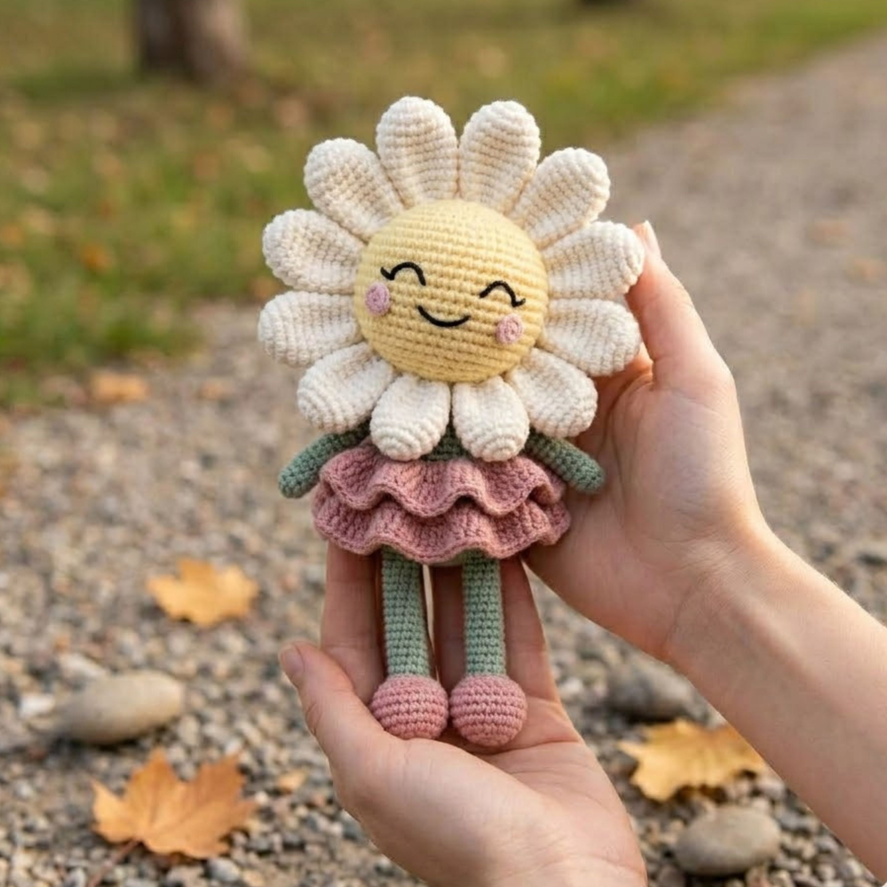 Crochet Daisy Flower Plush, Handmade Amigurumi Flower Doll With Pink Skirt, Cute Cottagecore Nursery Toy, Spring Decor Gift, 4-12 Inch Doll