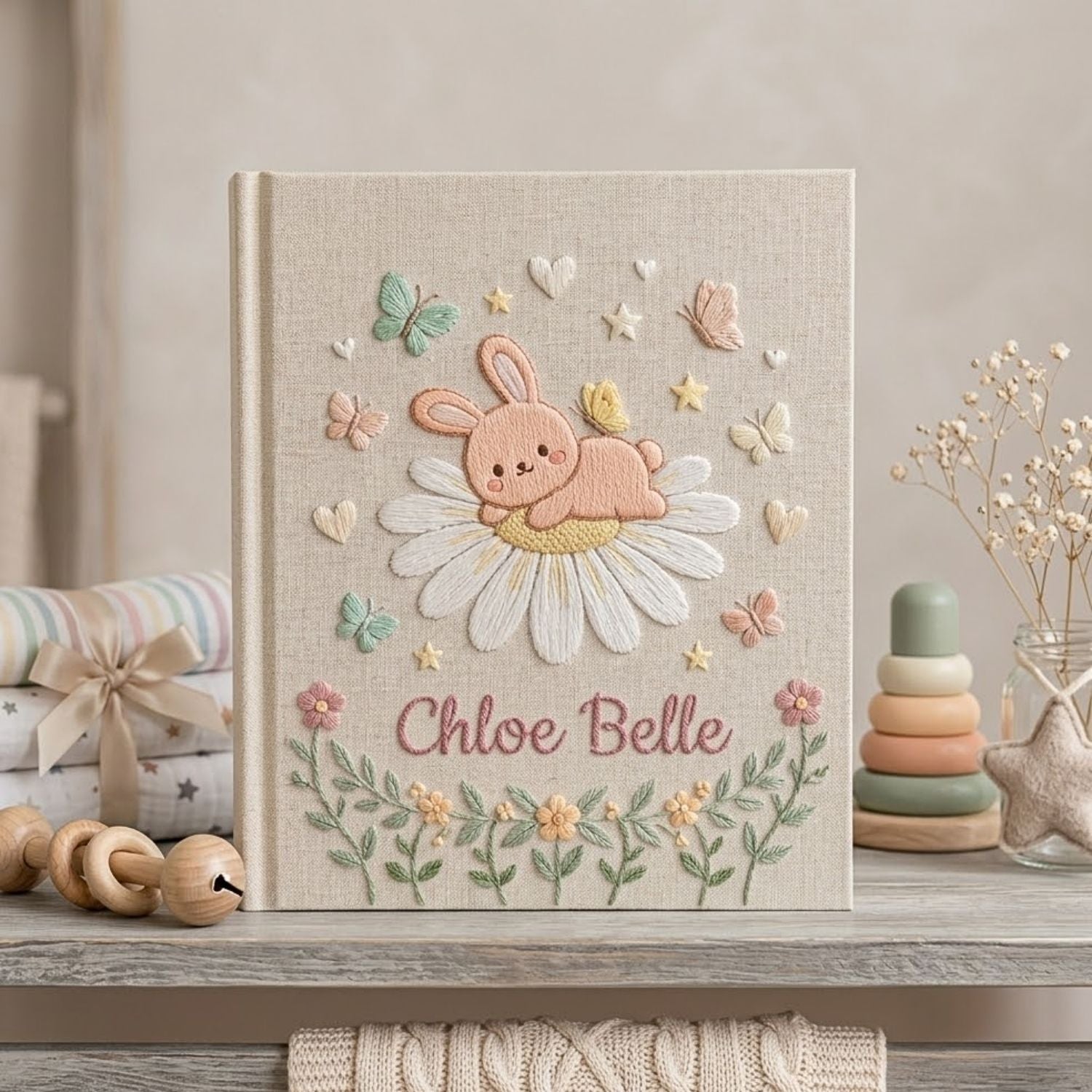 Hand Embroidered Baby Photo Album, Personalized Baby Memory Book, Custom Name Bunny Daisy Album, Baby Shower Gift Keepsake