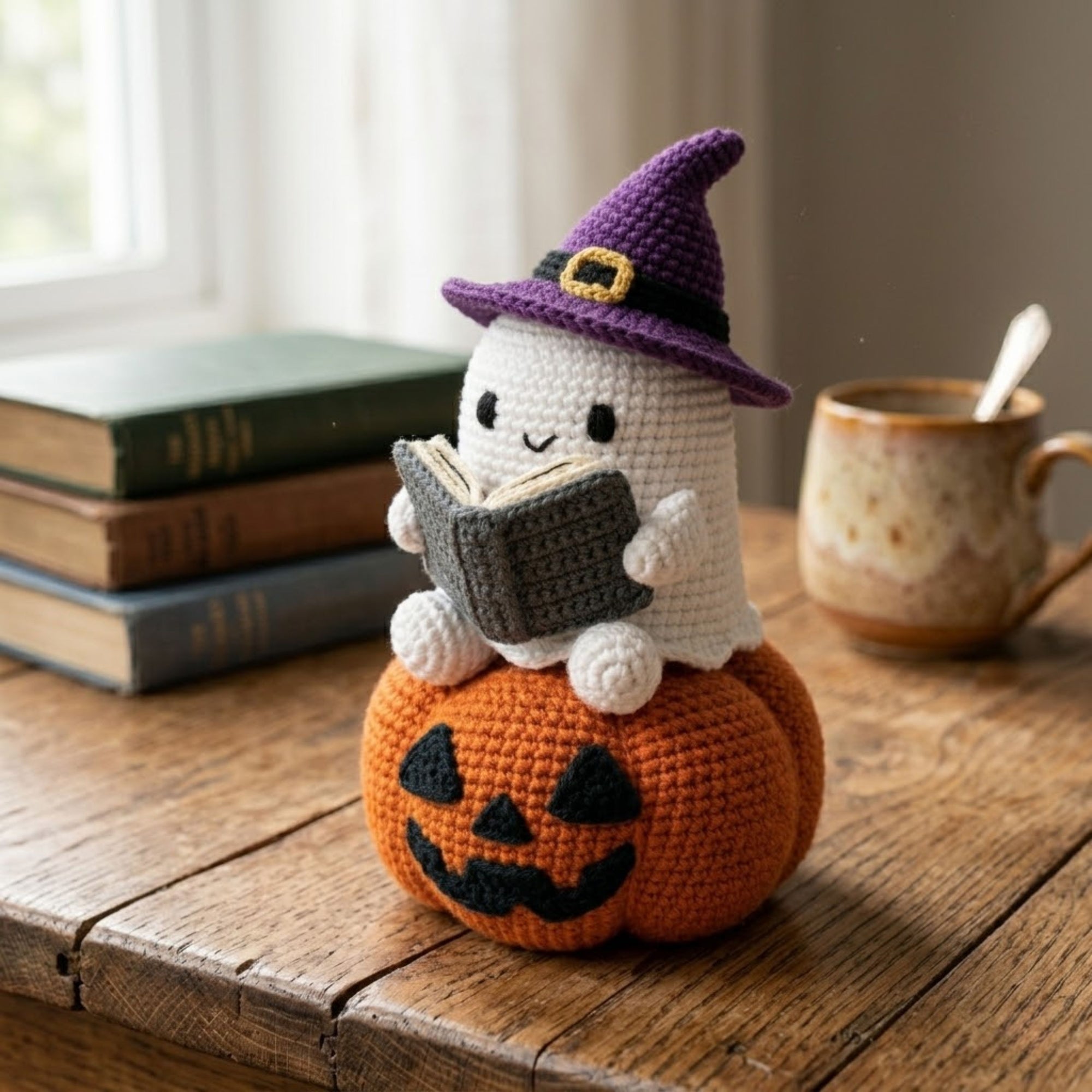 Crochet Ghost Witch Plush, Handmade Amigurumi Ghost on Pumpkin With Spell Book, Spooky Cute Nursery Toy, Halloween Gift Decor, 4-12 In Doll