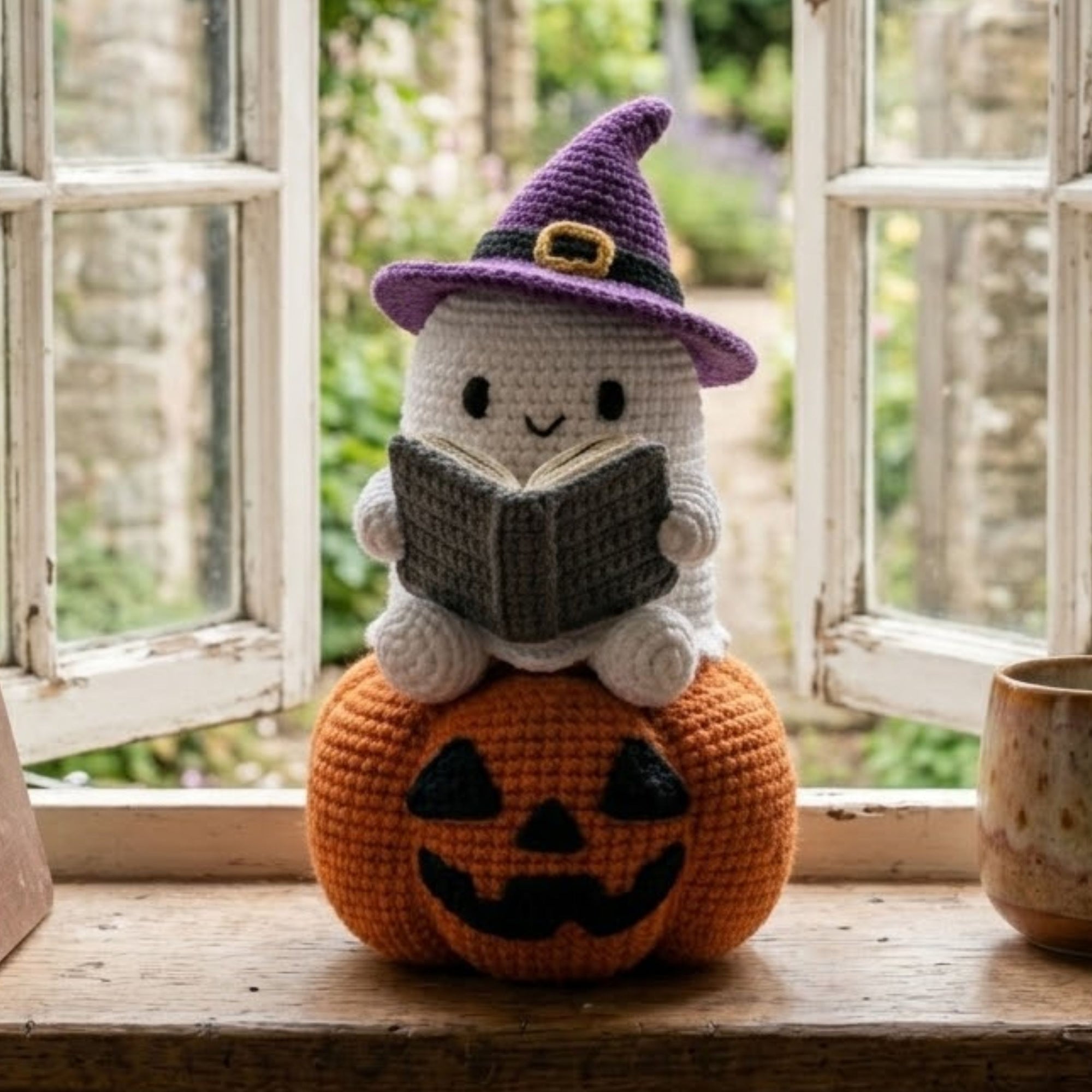 Crochet Ghost Witch Plush, Handmade Amigurumi Ghost on Pumpkin With Spell Book, Spooky Cute Nursery Toy, Halloween Gift Decor, 4-12 In Doll