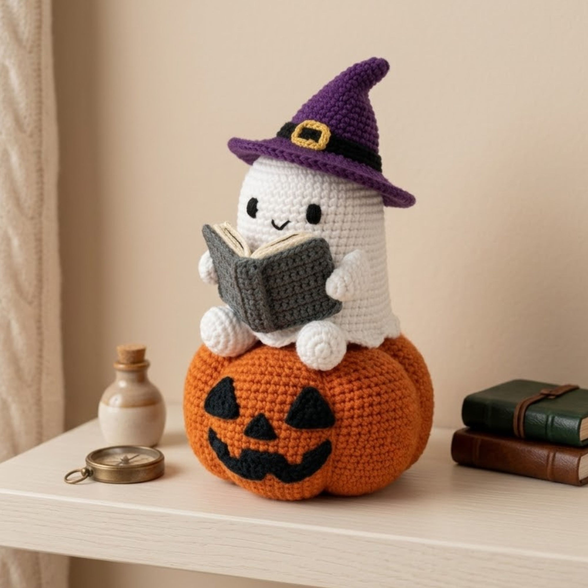 Crochet Ghost Witch Plush, Handmade Amigurumi Ghost on Pumpkin With Spell Book, Spooky Cute Nursery Toy, Halloween Gift Decor, 4-12 In Doll