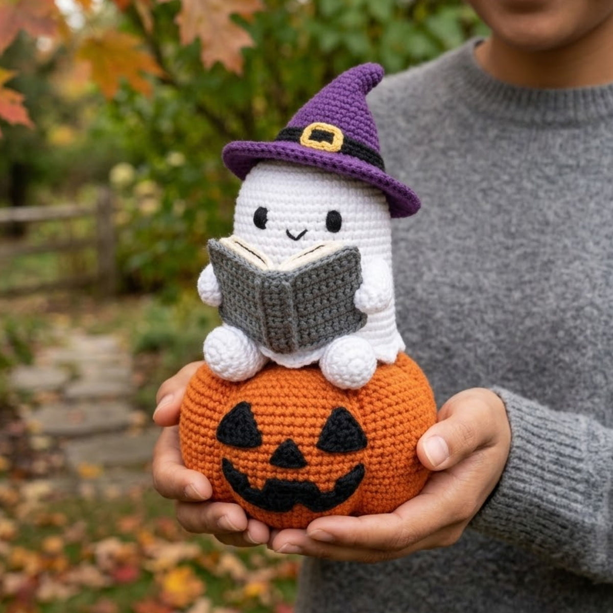 Crochet Ghost Witch Plush, Handmade Amigurumi Ghost on Pumpkin With Spell Book, Spooky Cute Nursery Toy, Halloween Gift Decor, 4-12 In Doll