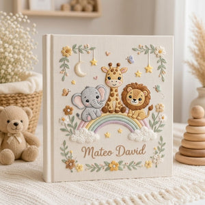 Hand Embroidered Baby Photo Album, Personalized Safari Baby Memory Book, Custom Name Rainbow Animal Keepsake, Baby Shower Gift