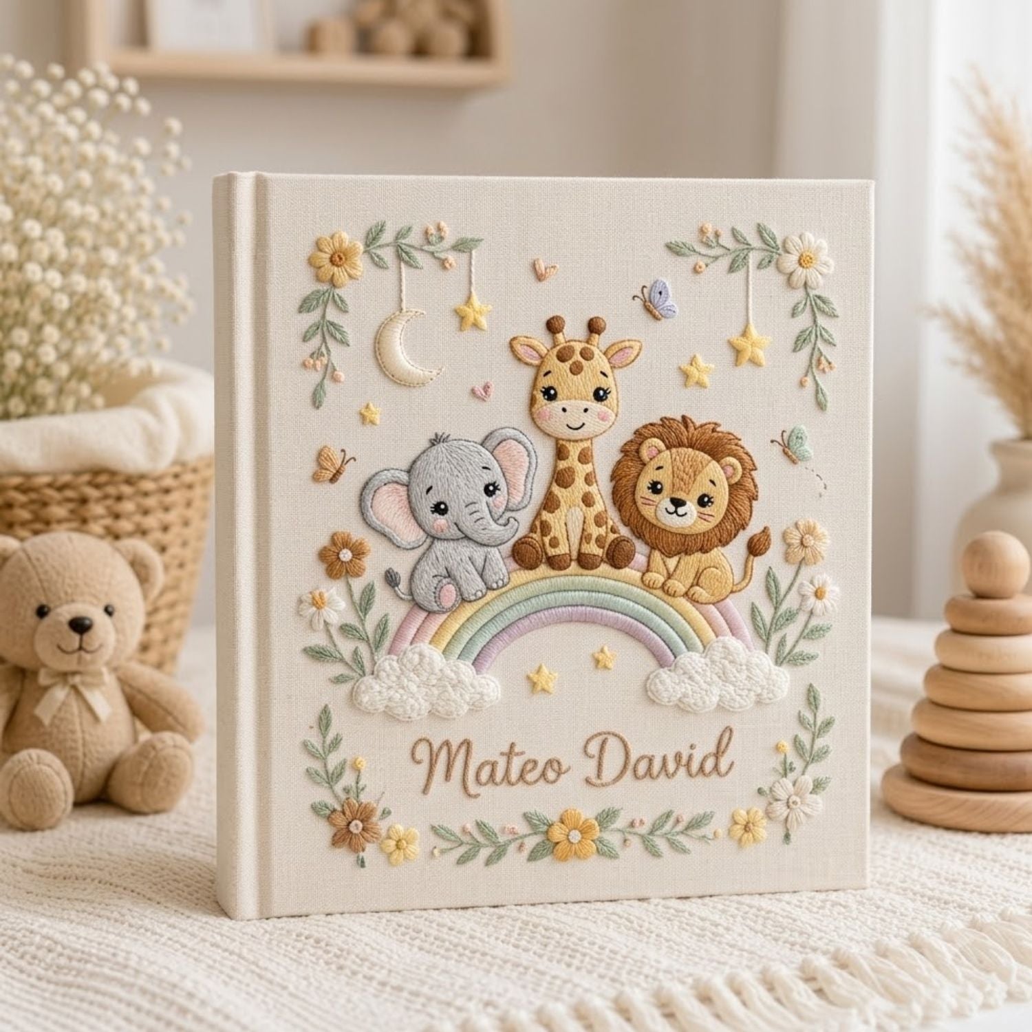 Hand Embroidered Baby Photo Album, Personalized Safari Baby Memory Book, Custom Name Rainbow Animal Keepsake, Baby Shower Gift