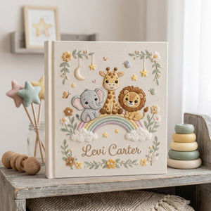 Hand Embroidered Baby Photo Album, Personalized Safari Baby Memory Book, Custom Name Rainbow Animal Keepsake, Baby Shower Gift