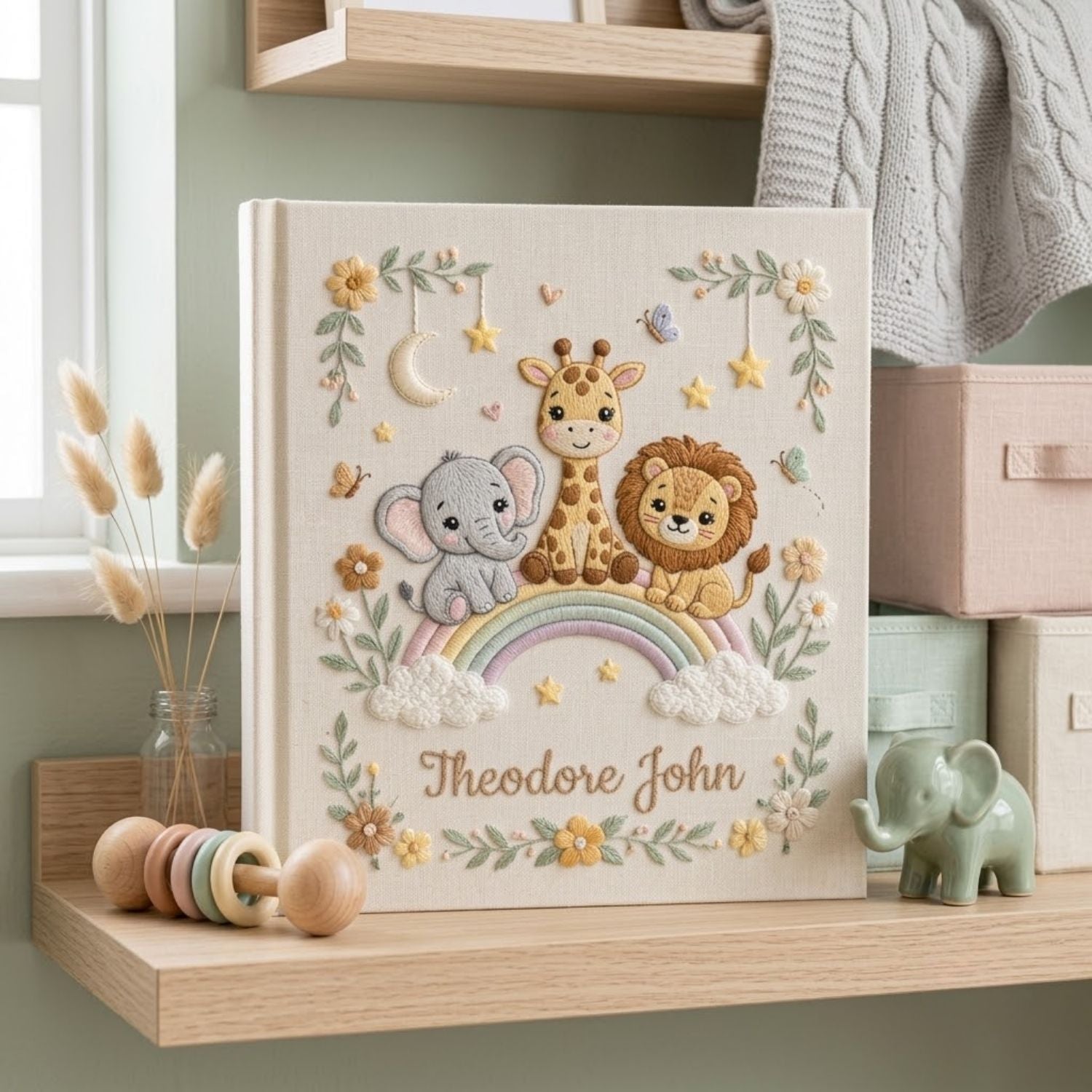 Hand Embroidered Baby Photo Album, Personalized Safari Baby Memory Book, Custom Name Rainbow Animal Keepsake, Baby Shower Gift