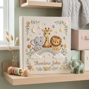 Hand Embroidered Baby Photo Album, Personalized Safari Baby Memory Book, Custom Name Rainbow Animal Keepsake, Baby Shower Gift