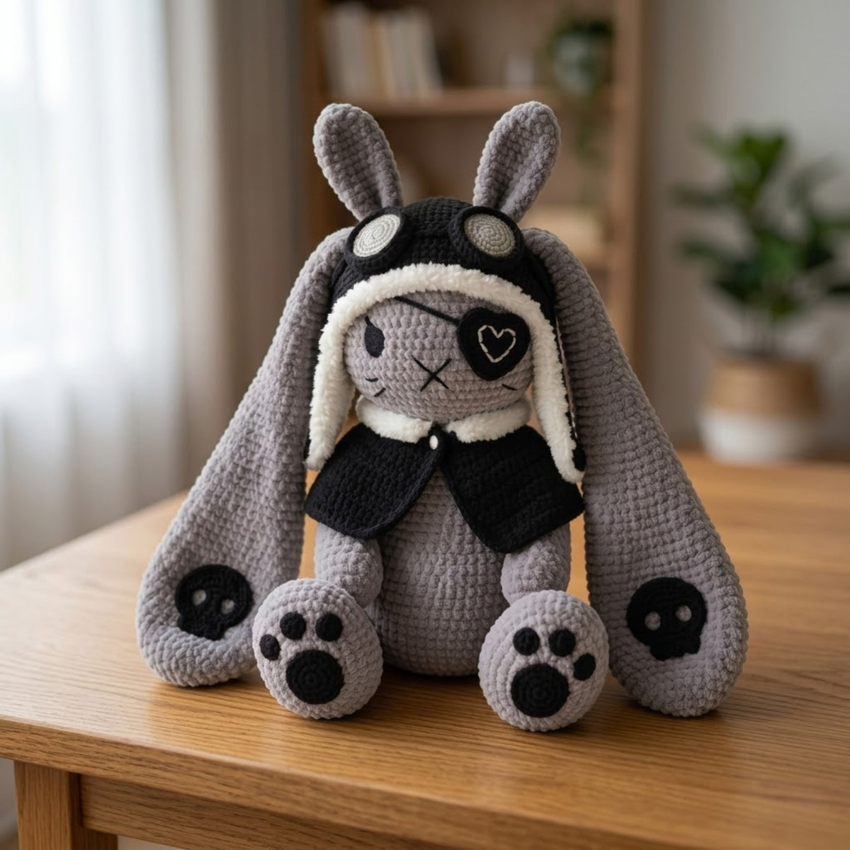 Crochet Gothic Bunny Plush, Handmade Amigurumi Rabbit Doll With Skull Ears, Dark Kawaii Nursery Toy, Cute 6-14 Inch Gift Doll Decor Plushies