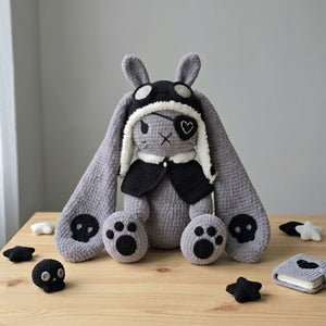 Crochet Gothic Bunny Plush, Handmade Amigurumi Rabbit Doll With Skull Ears, Dark Kawaii Nursery Toy, Cute 6-14 Inch Gift Doll Decor Plushies