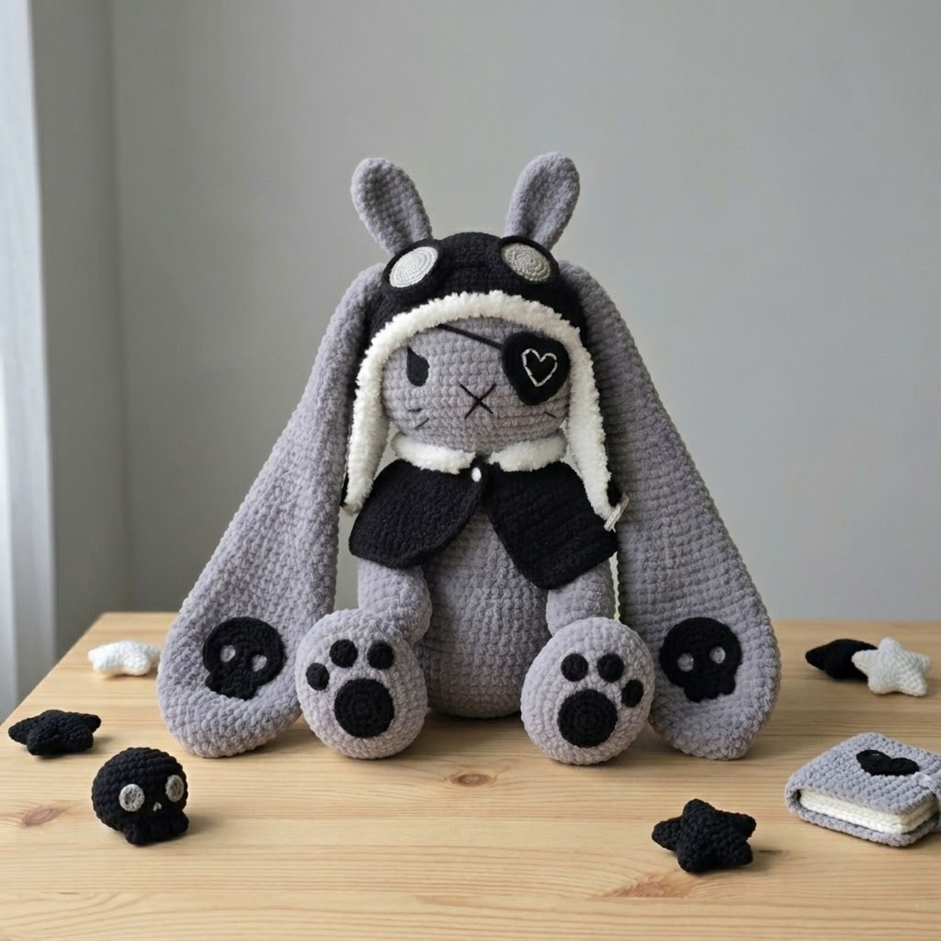 Crochet Gothic Bunny Plush, Handmade Amigurumi Rabbit Doll With Skull Ears, Dark Kawaii Nursery Toy, Cute 6-14 Inch Gift Doll Decor Plushies