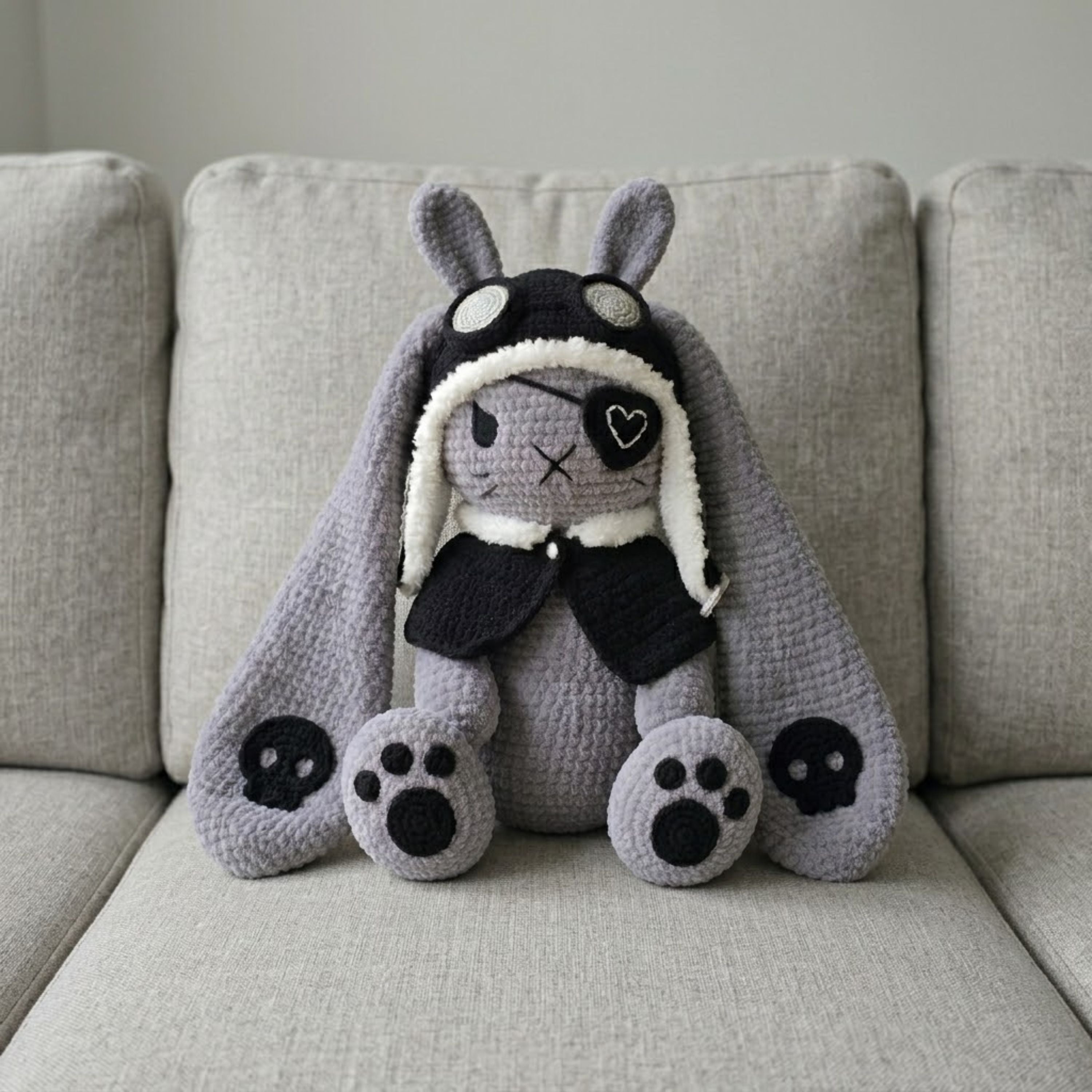 Crochet Gothic Bunny Plush, Handmade Amigurumi Rabbit Doll With Skull Ears, Dark Kawaii Nursery Toy, Cute 6-14 Inch Gift Doll Decor Plushies