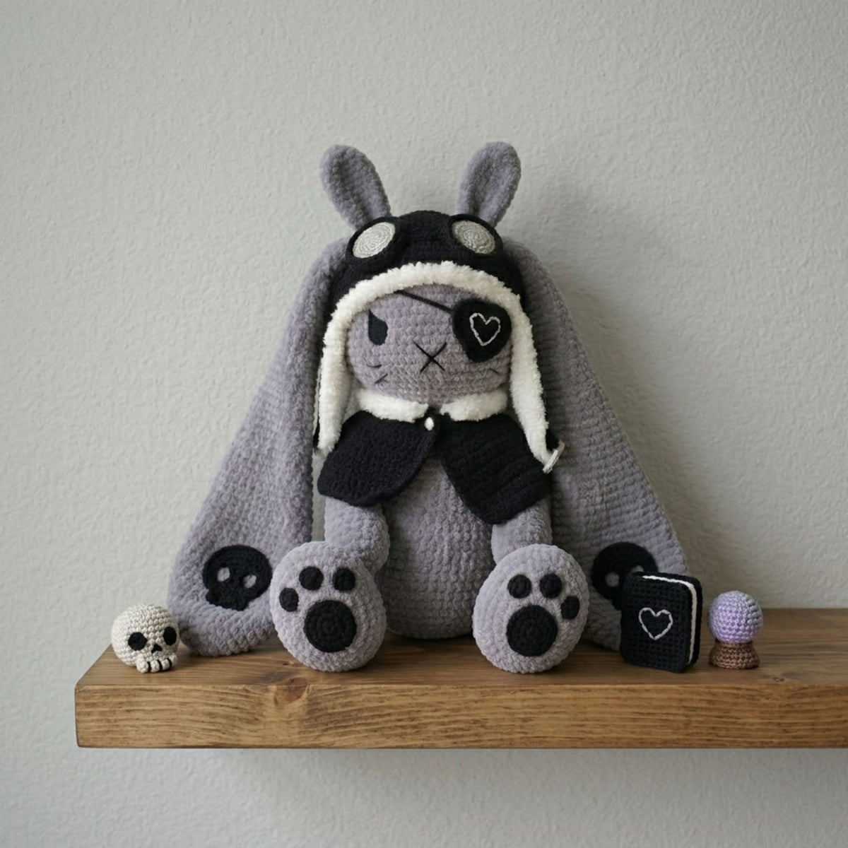 Crochet Gothic Bunny Plush, Handmade Amigurumi Rabbit Doll With Skull Ears, Dark Kawaii Nursery Toy, Cute 6-14 Inch Gift Doll Decor Plushies