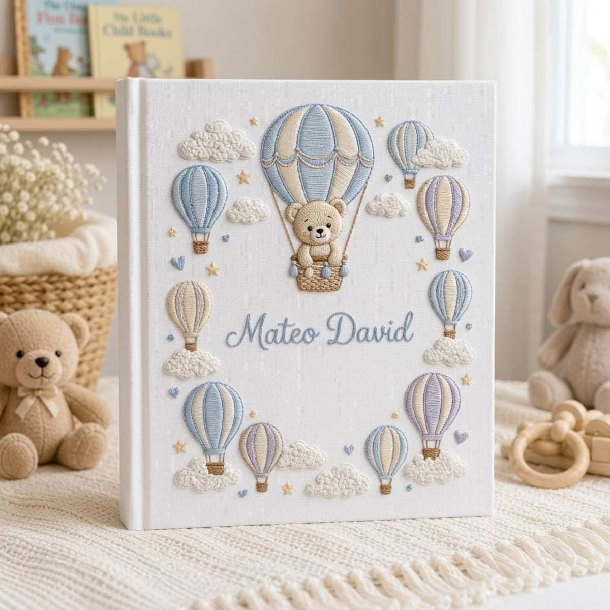 Hand Embroidered Baby Photo Album, Personalized Baby Album, Hot Air Balloon Teddy Bear Memory Book, Custom Baby Name Gift