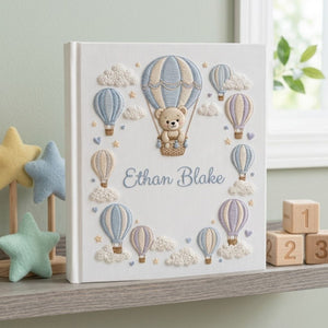 Hand Embroidered Baby Photo Album, Personalized Baby Album, Hot Air Balloon Teddy Bear Memory Book, Custom Baby Name Gift