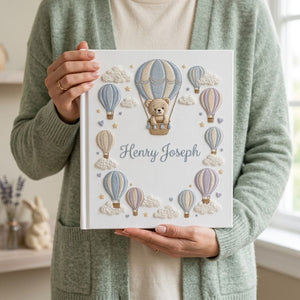 Hand Embroidered Baby Photo Album, Personalized Baby Album, Hot Air Balloon Teddy Bear Memory Book, Custom Baby Name Gift