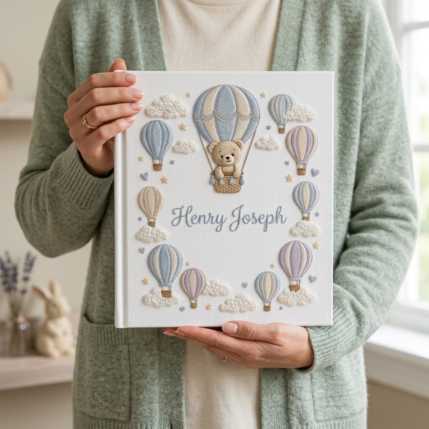 Hand Embroidered Baby Photo Album, Personalized Baby Album, Hot Air Balloon Teddy Bear Memory Book, Custom Baby Name Gift
