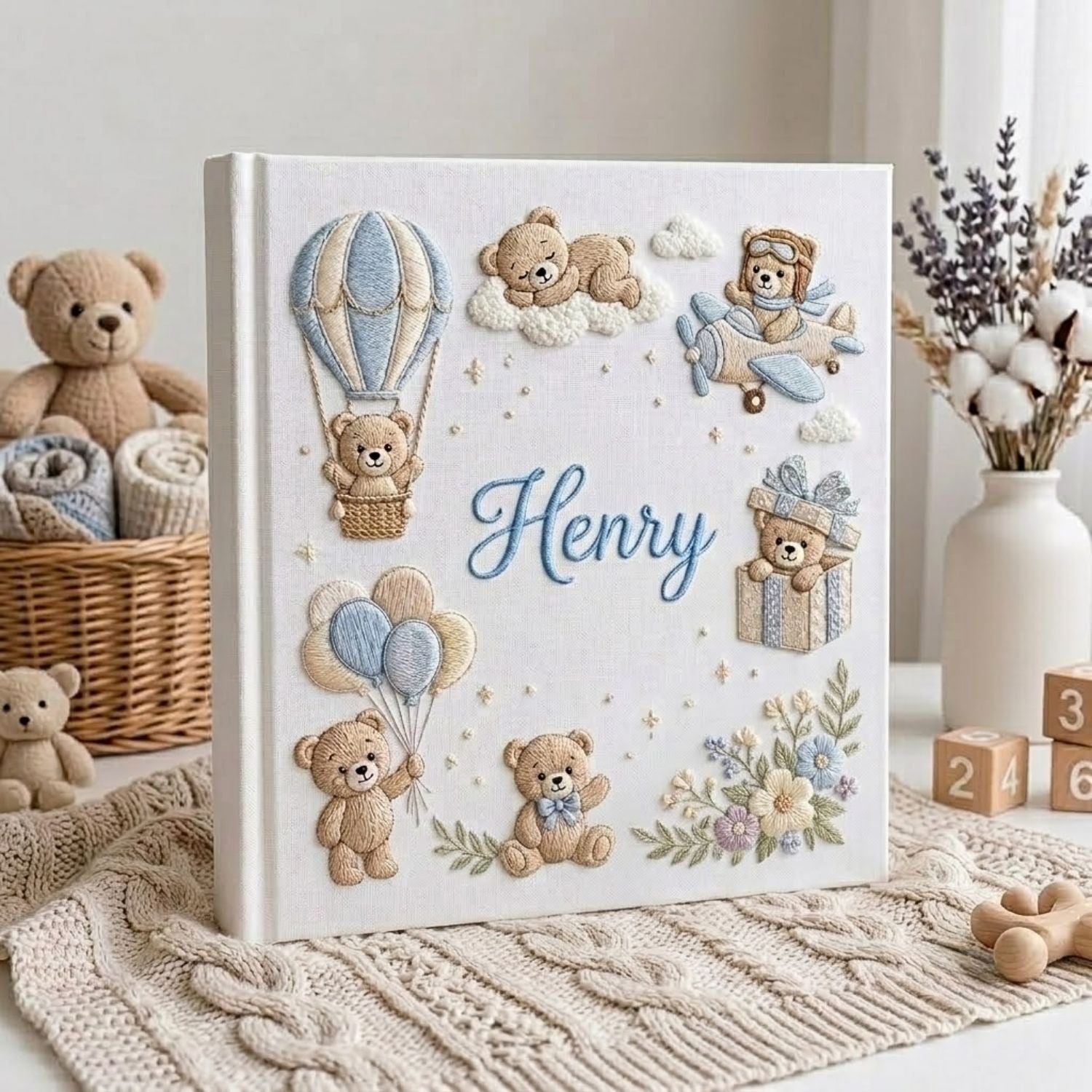 Hand Embroidered Baby Photo Album, Personalized Teddy Bear Baby Album, Custom Name Memory Book, Hot Air Balloon Nursery Gift