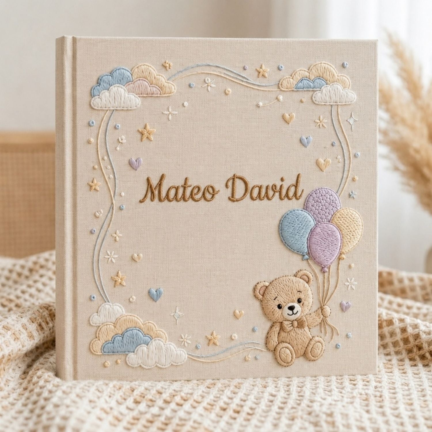 Hand Embroidered Baby Photo Album, Custom Baby Name Album, Teddy Bear Balloon Keepsake Book, Personalized Newborn Gift, Baby Memory Book